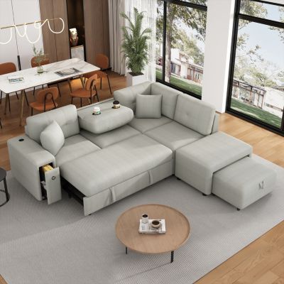 87" L-Shape Sectional Sofa with Pull-out Bed and Ottoman