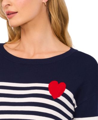 Women's Valentine's Crewneck Sailor Stripe Heart-Trim Long-Sleeve Sweater