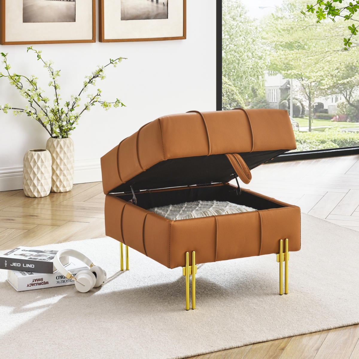 Streamdale Furniture 22 inches Anti-scratch Leather Storage Ottoman, Pet Friendly Entryway Bench with Golden Stainless Steel Legs,- Orange
