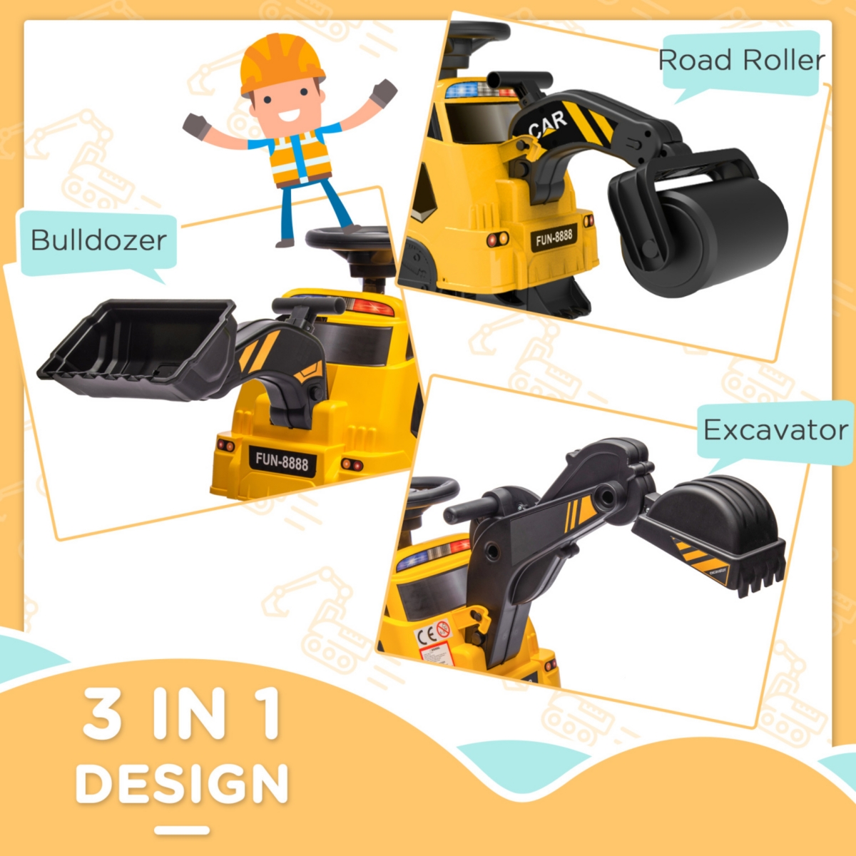 Streamdale Furniture 3 in Ride on Excavator Bulldozer Road Roller, No Power Ride on Construction Pretend Play with Music, for 18-48 Months