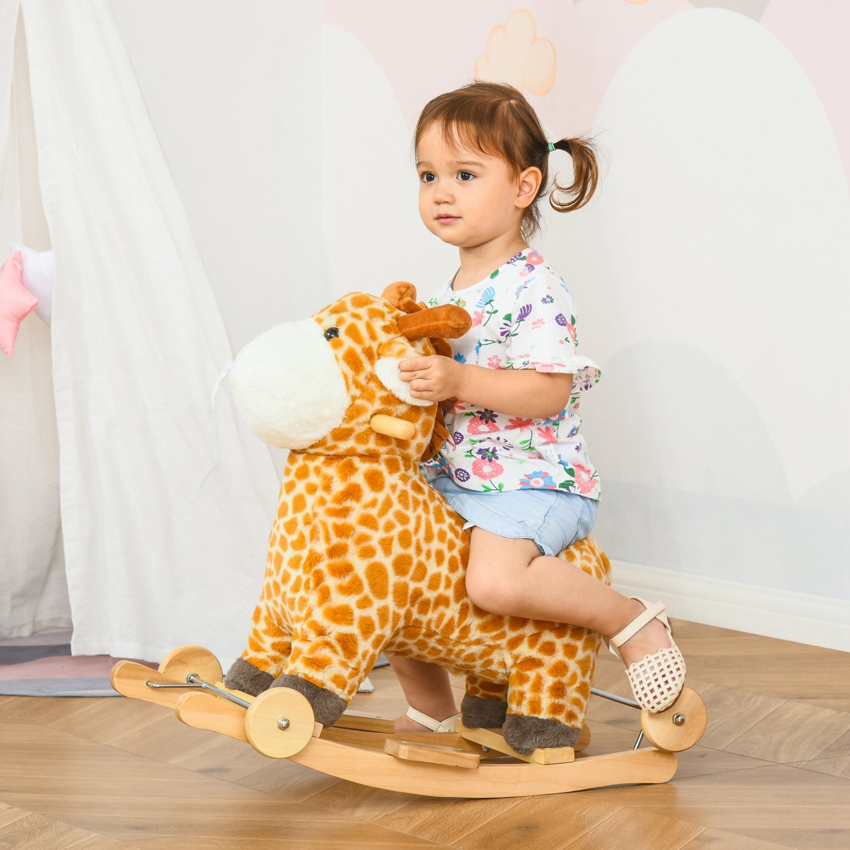 Streamdale Furniture 2-in-1 Kids Plush Ride-On Rocking Horse Toy, Giraffe-shaped Plush Rocker with Realistic Sounds for Children 3 to 6 Years