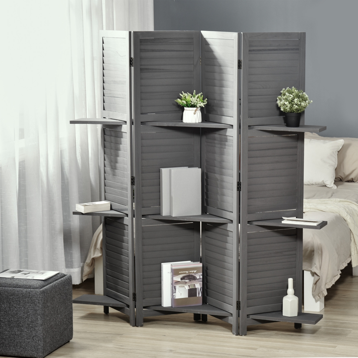 Streamdale Furniture 4-Panel Folding Room Divider, 5.6 Ft Freestanding Paulownia Wood Privacy Screen Panel with Storage Shelves for Bedroom or Office