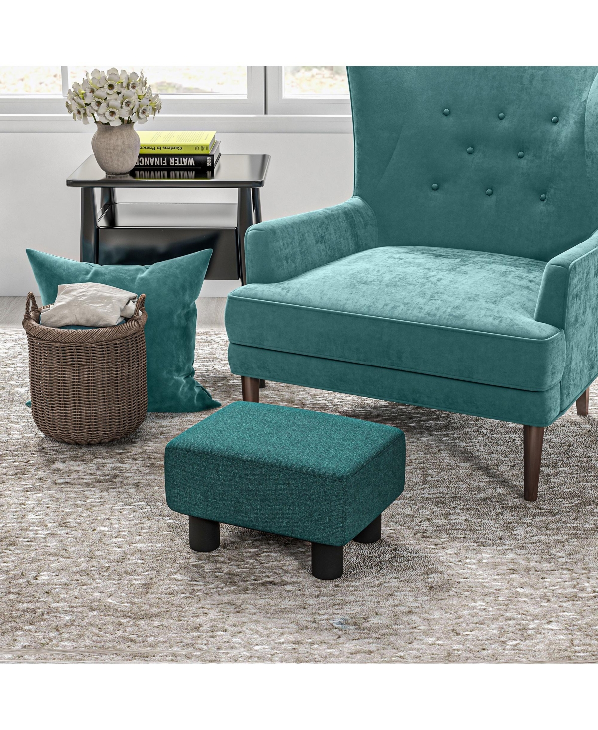 Streamdale Furniture Ottoman Foot Rest, Small Foot Stool with Linen Fabric Upholstery and Plastic Legs, Cube Ottoman for Living Room,- Green