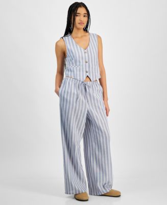 【INCHANT ME】Roll-up Stripe Long Wide Pants SweatyRocks Women's Striped Extra Long High Waited Wide Leg