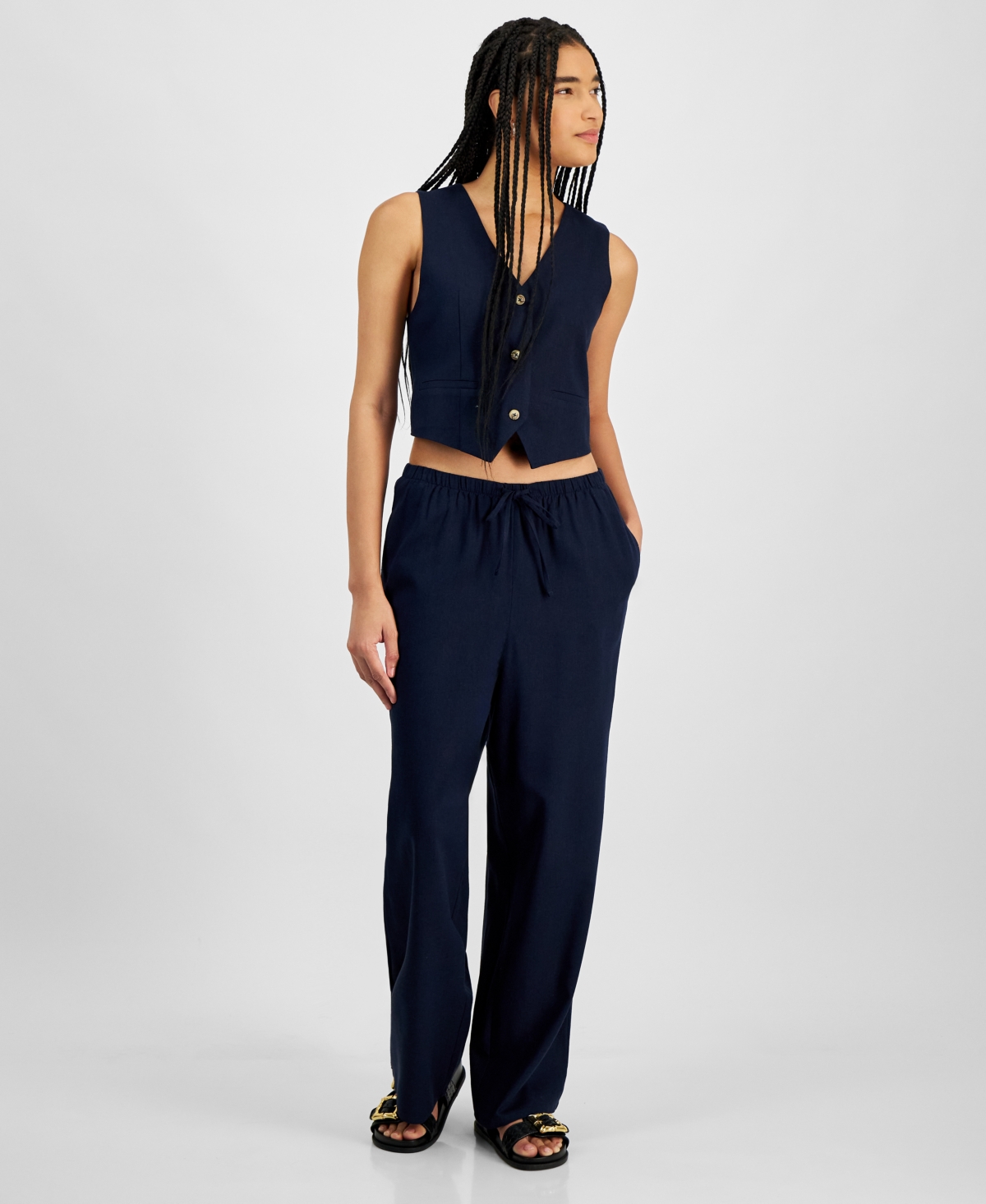 Hippie Rose Juniors' Striped Wide-leg Drawstring Linen-blend Pants In Navy
