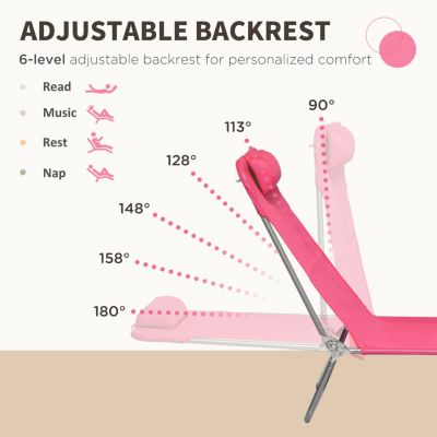 2 Piece Folding Chaise Lounge Chairs, Pool Sun Tanning Chairs, Outdoor Lounge Chairs with 6-Position Reclining Back, Breathable Mesh Seat, Headrest for Beach, Yard, Patio, Pink