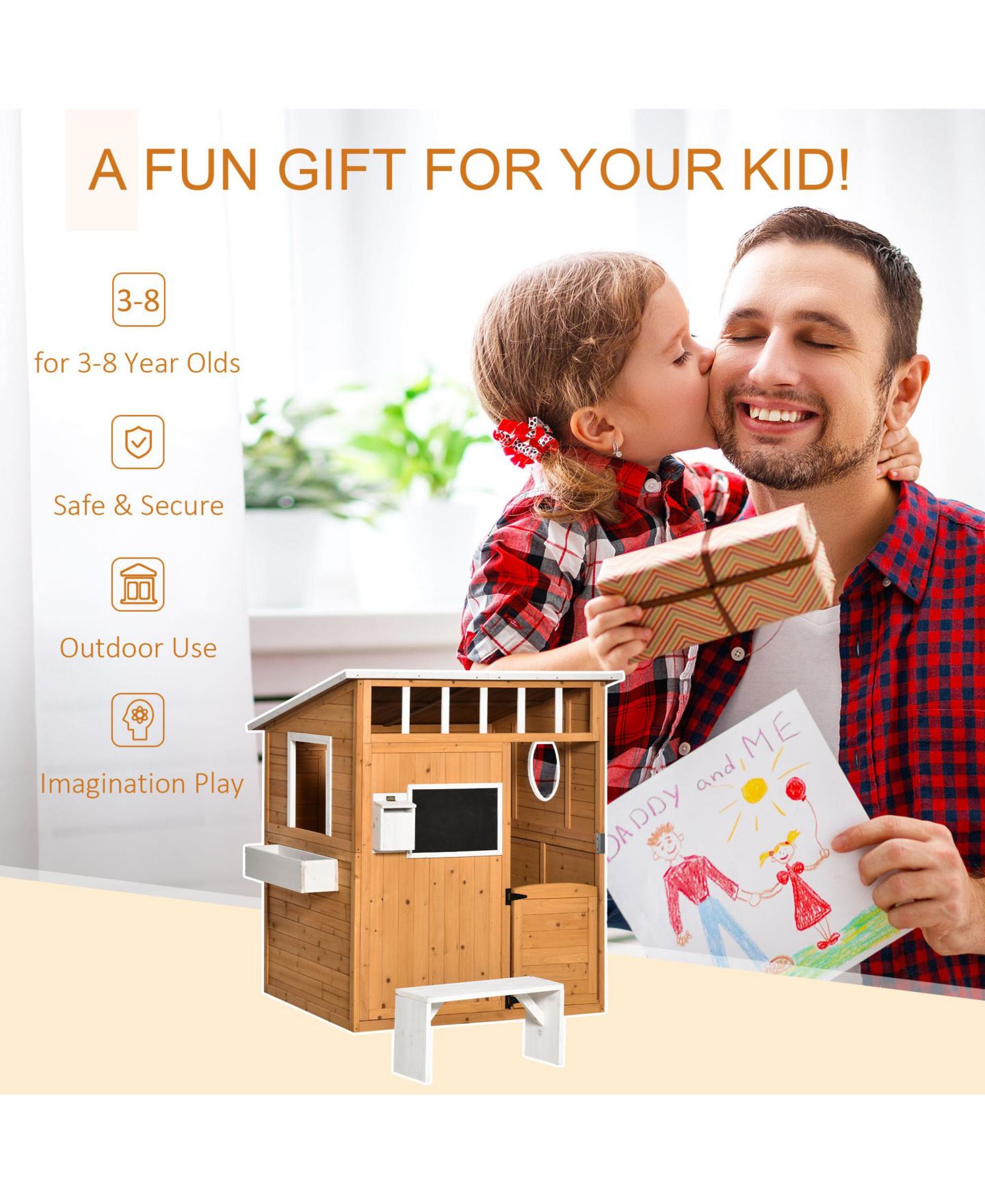 Детская игрушка Streamdale Furniture Wooden Playhouse for Kids Outdoor with Working Door, Windows, Mailbox, Bench, Flowers Pot Holder, 48" x 42.5" x 53", цвет: Жёлтый — фото 3