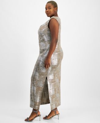 Connected Plus Size Metallic-Finish Draped Evening Gown