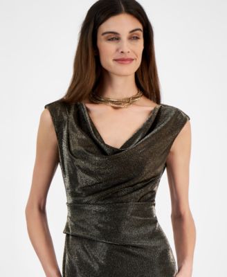 Petite Cowlneck Metallic-Threaded Evening Gown