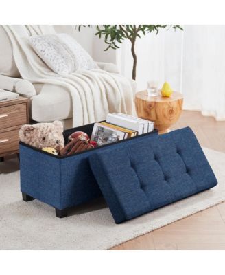 Foldable Tufted 30 Inch Linen Bench Storage Ottoman with Legs