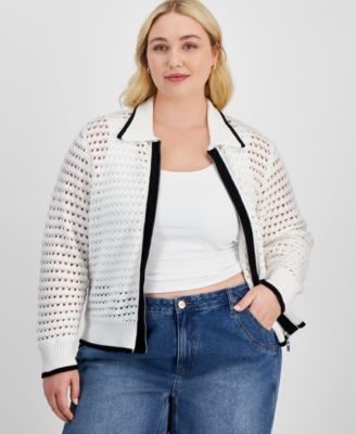 And Now This - Trendy Plus Size Open-Stitch Zip-Front Cardigan
