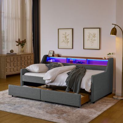 Upholstered Twin Sofa Bed with LED Lights, Storage, and Wireless Charging