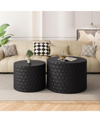 Stylish and Minimalist Nesting Coffee Table Set with Honeycomb Design, Modern Round Coffee Table, Drum Circle Coffee Table for Living Room, Bedroom, Black(Set of 2 Pieces)