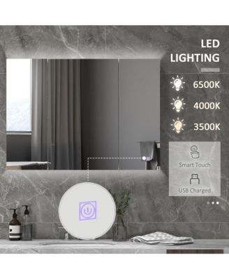 Lighted Medicine Cabinet with Mirror, 26" x 36" Wall Mounted Bathroom Mirror with Storage, 3-Color Bathroom Wall Cabinet with USB Charge, Adjustable Shelf, High Gloss White