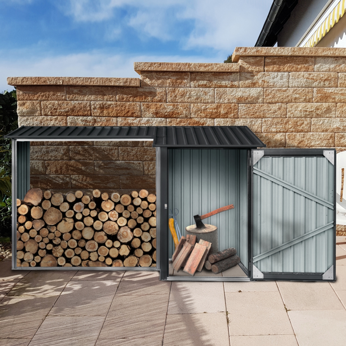 Streamdale Furniture Outdoor Steel Firewood Rack and Metal Storage Shed, Two-In-One,- Black