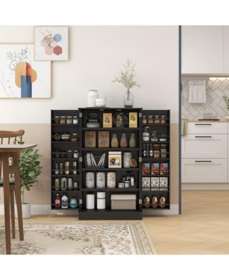 41" Kitchen Pantry Storage Cabinet, Freestanding Kitchen Cabinet with 12 Door Shelves, Double Doors, 5-tier Shelving and Adjustable Shelves, Black
