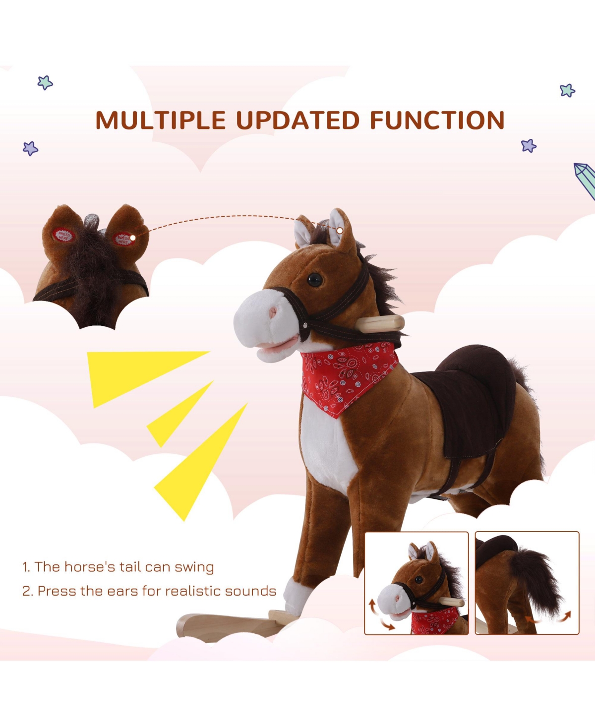 Kids Ride on Rocking Horse Plush Toy with Realistic Sounds and Red Scarf for Over 3 Years Old Birth Gift