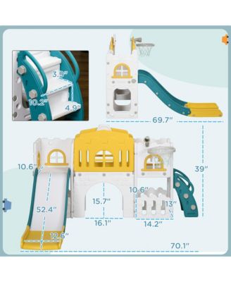 8 in 1 Toddler Slide for Kids Age 1-3 Years, Indoor Kids Slide Playset with Basketball Hoop, Climber, Telescope, Tunnel, Steering Wheel, Aisle, Storage Baskets, Yellow