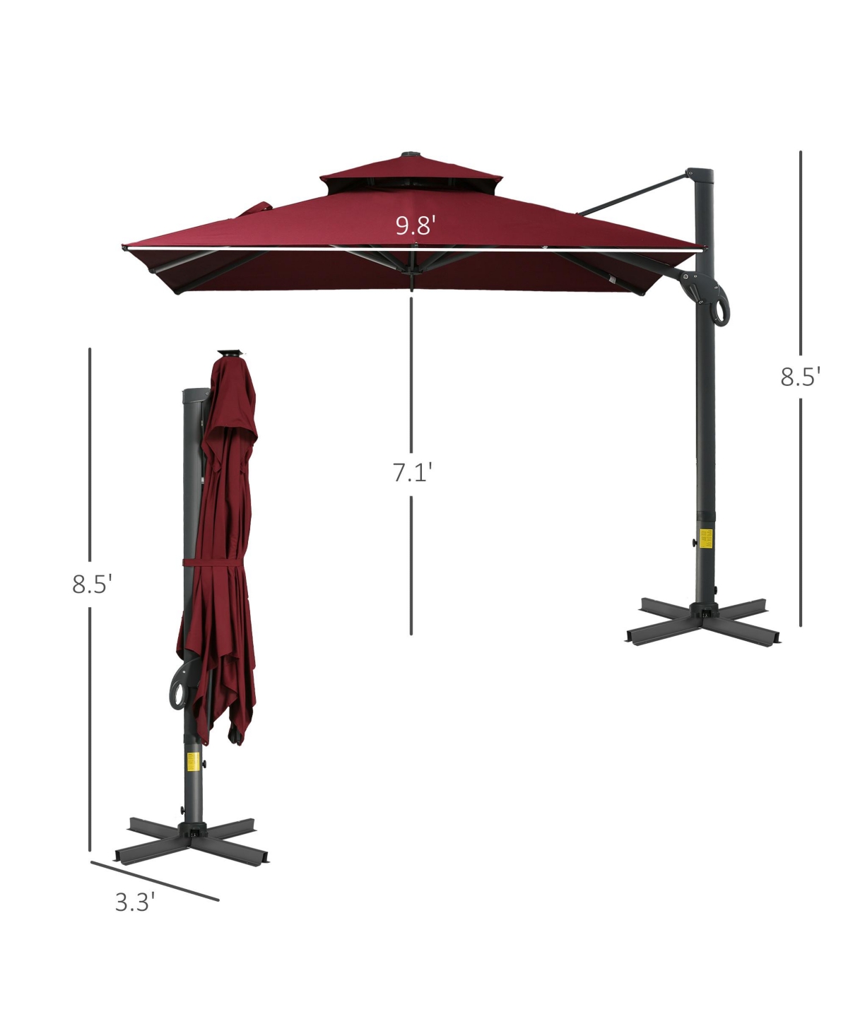 Streamdale Furniture 10ft Offset Patio Umbrella, Hanging Cantilever Umbrella, Square Shape, Aluminum Cross Base, Tilt, 360-Degree Rotation,- Red