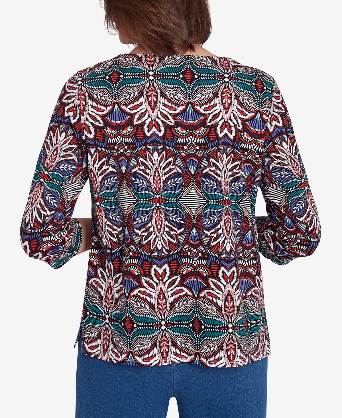 Alfred Dunner Petite Key Items Abstract Leaf Print Three Quarter Sleeve Top In Multi