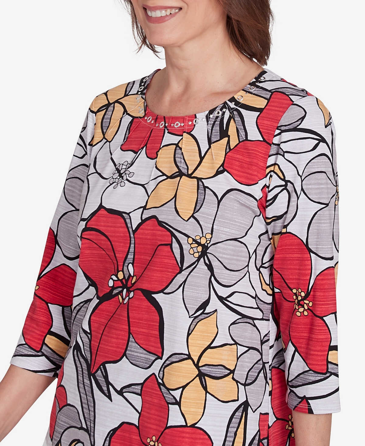 Alfred Dunner Petite Key Items Bold Floral Print Three Quarter Sleeve Tee In Multi