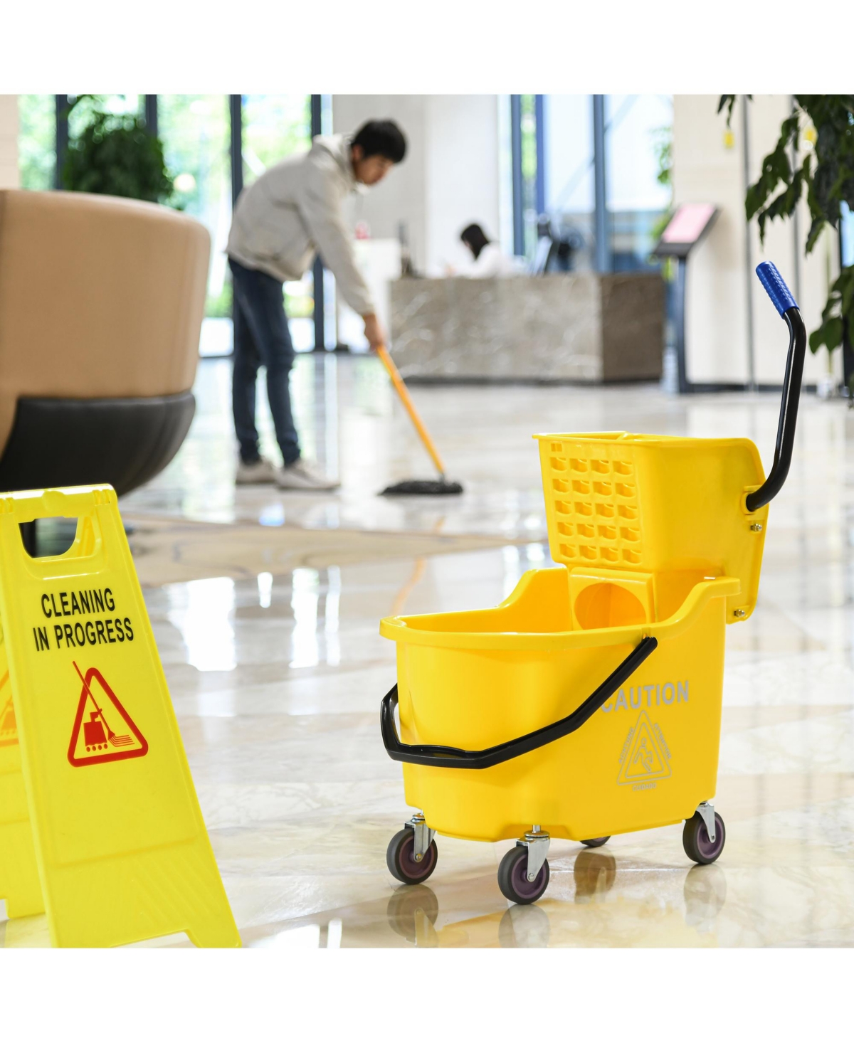 Streamdale Furniture Mop Bucket Cart with Side Press Wringer, Metal Handle and 34 Quart Capacity,- Yellow