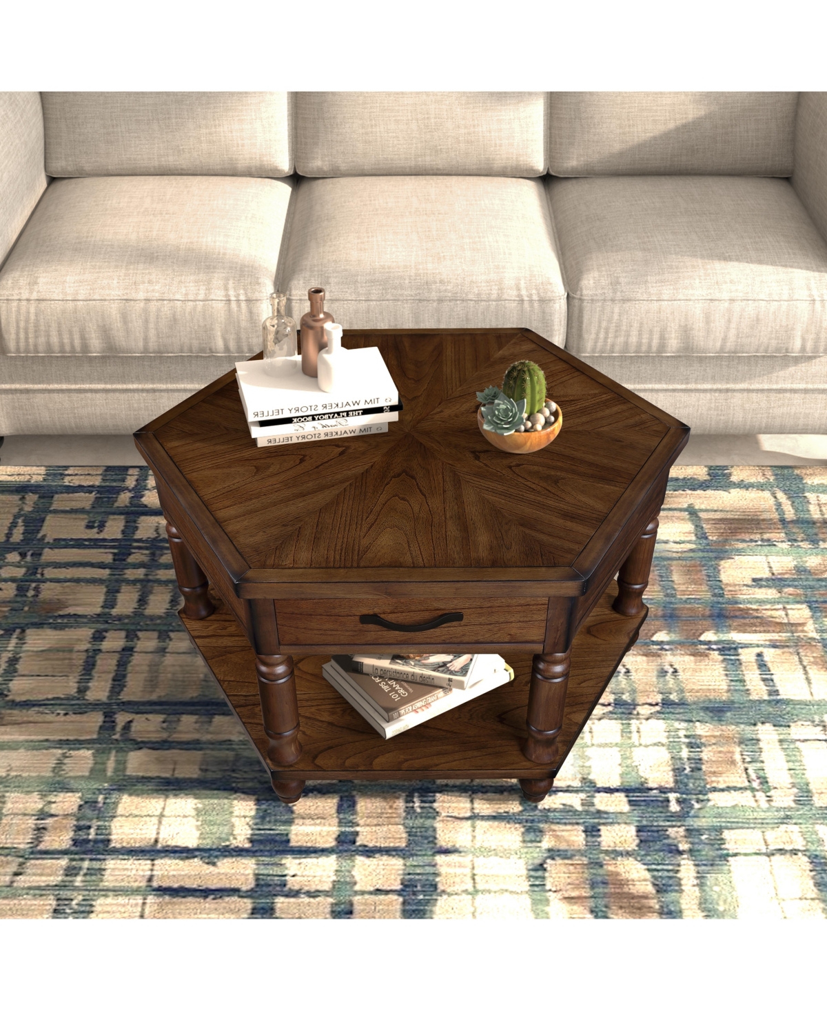 Streamdale Furniture 2 Tier Retro Hexagon Living Room Solid Wood Coffee Table with Shelf & Drawer, 36