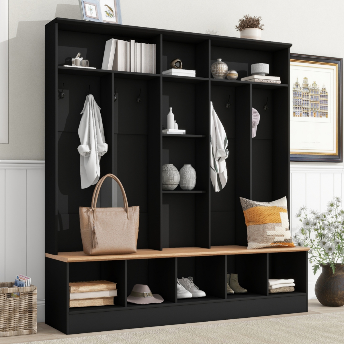 Wide Design Hall Tree with Storage Bench, Minimalist Shoe Cabinet with Cube Storage & Shelves, Multifunctional Coat Rack with 8 Hooks for Entryways, M