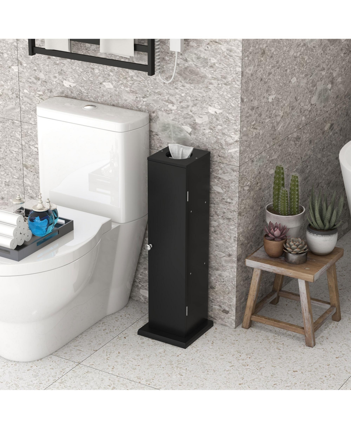 Toilet Paper Cabinet, Small Bathroom Corner Floor Cabinet with Doors and Shelves, Thin Storage Bathroom Organizer for Paper Shampoo, Black