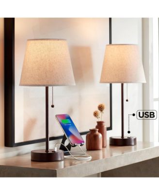 Justin Modern Accent Table Lamps 18 1/4" High Set of 2 Marbled Bronze Metal with USB Charging Ports Oatmeal Drum Shade for Bedroom Desk