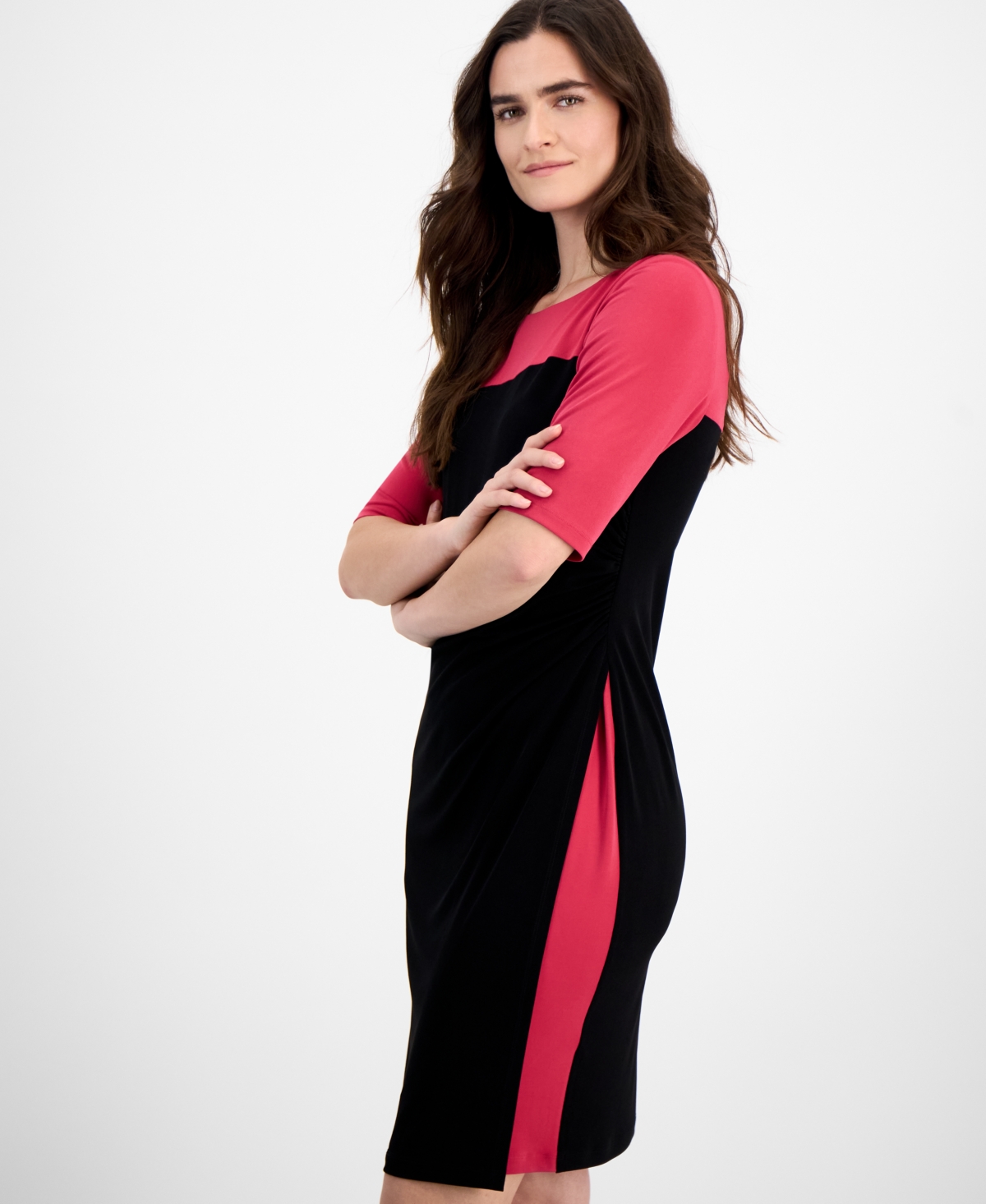 Connected Women's Colorblocked Elbow-Sleeve Bateau-Neck Dress - F/b