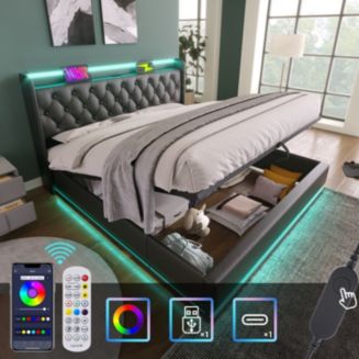 Streamdale Furniture Queen size Upholstered LED Smart Bed with Storage ...