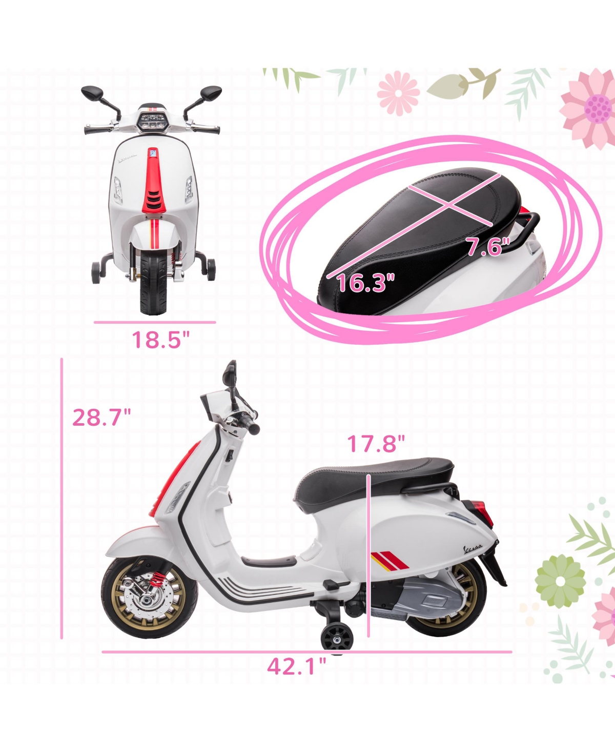 Streamdale Furniture Vespa Licensed Electric Motorcycle for Kids, 6V Toddler Motorcycle, Battery-Operated Motorbike for Kids with Music, Fm Radio, Hea