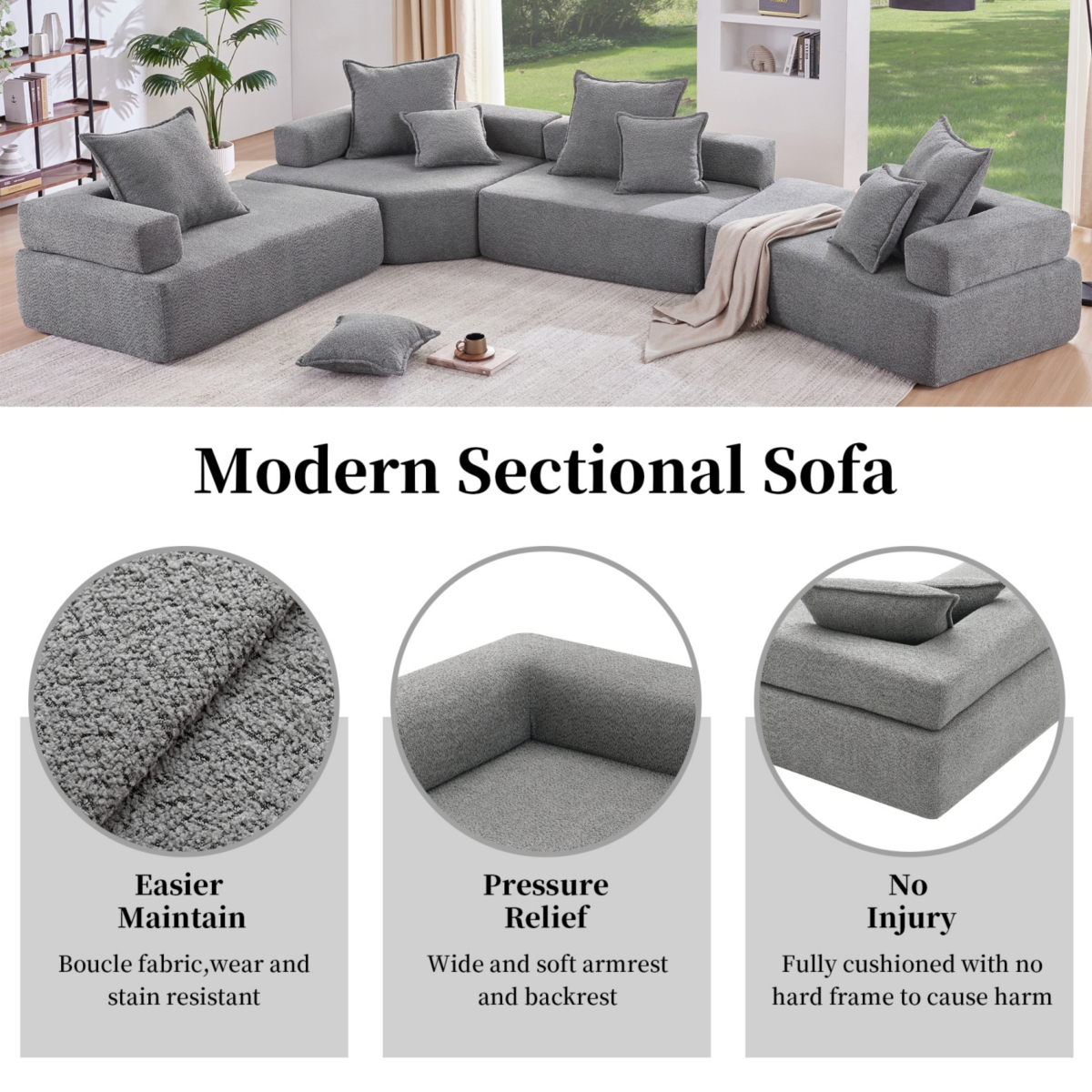 Streamdale Furniture Loveseat Frame for Oversized Modular U Shaped Sectional Sofa, Luxury Boucle Floor Couch Set, Convertible Sleeper Couch, Spacious