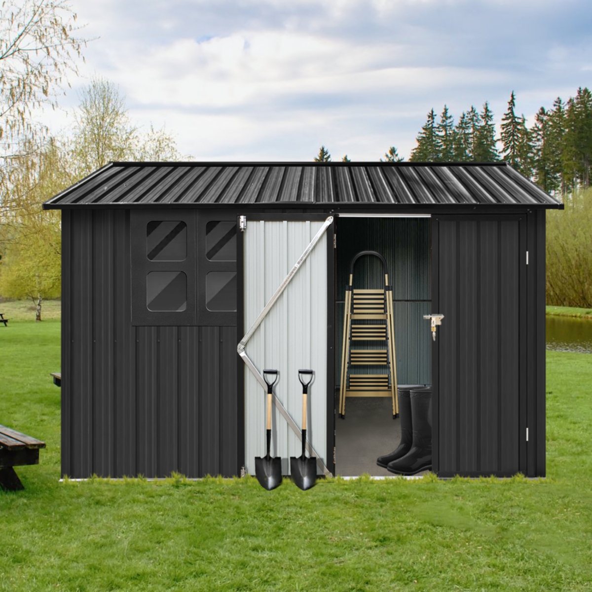Streamdale Furniture Metal garden sheds 6ftx8ft outdoor storage shedswith window - Black