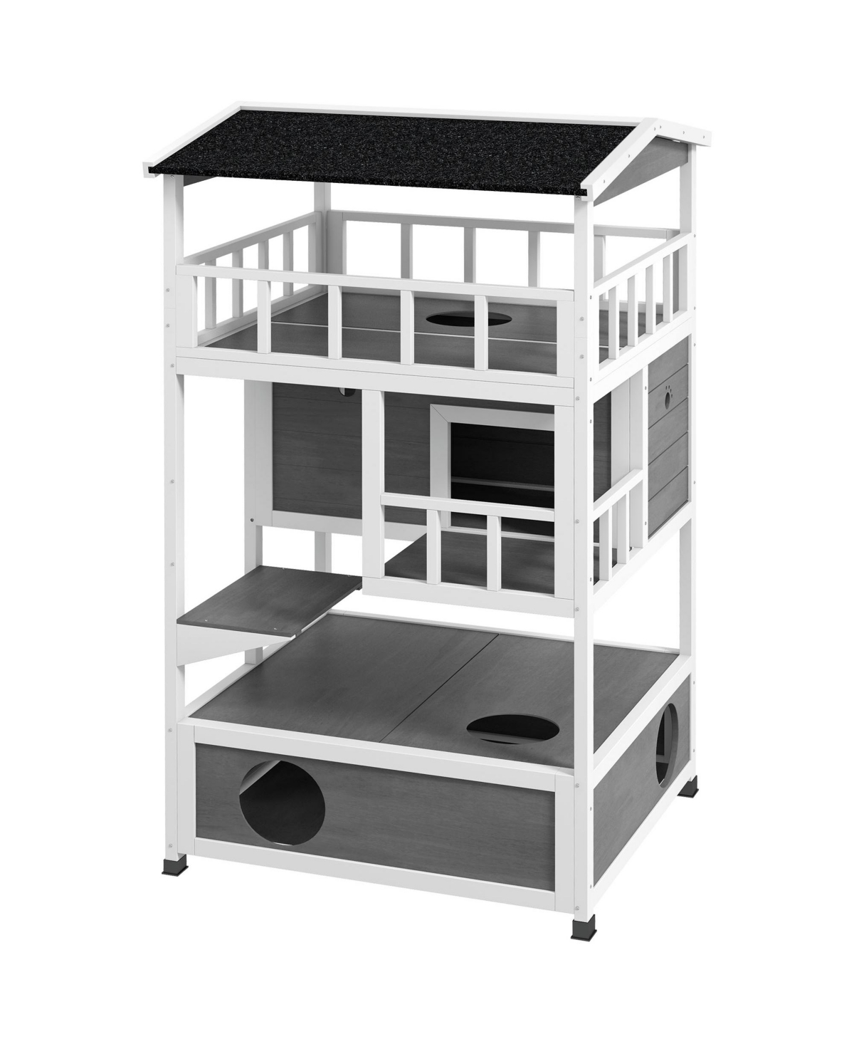 Streamdale Furniture Wooden Outdoor Cat House, Feral Cat Shelter Kitten Condo with Asphalt Roof, Escape Doors, Condo, Jumping Platform,- L