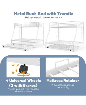 Twin Over Full Metal Slats Bunk Bed Frame with Trundle, Guard Rail & Ladders