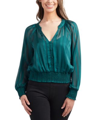 BCX - Juniors' Satin Shadow Striped Smocked-Hem Long-Sleeve Blouse
