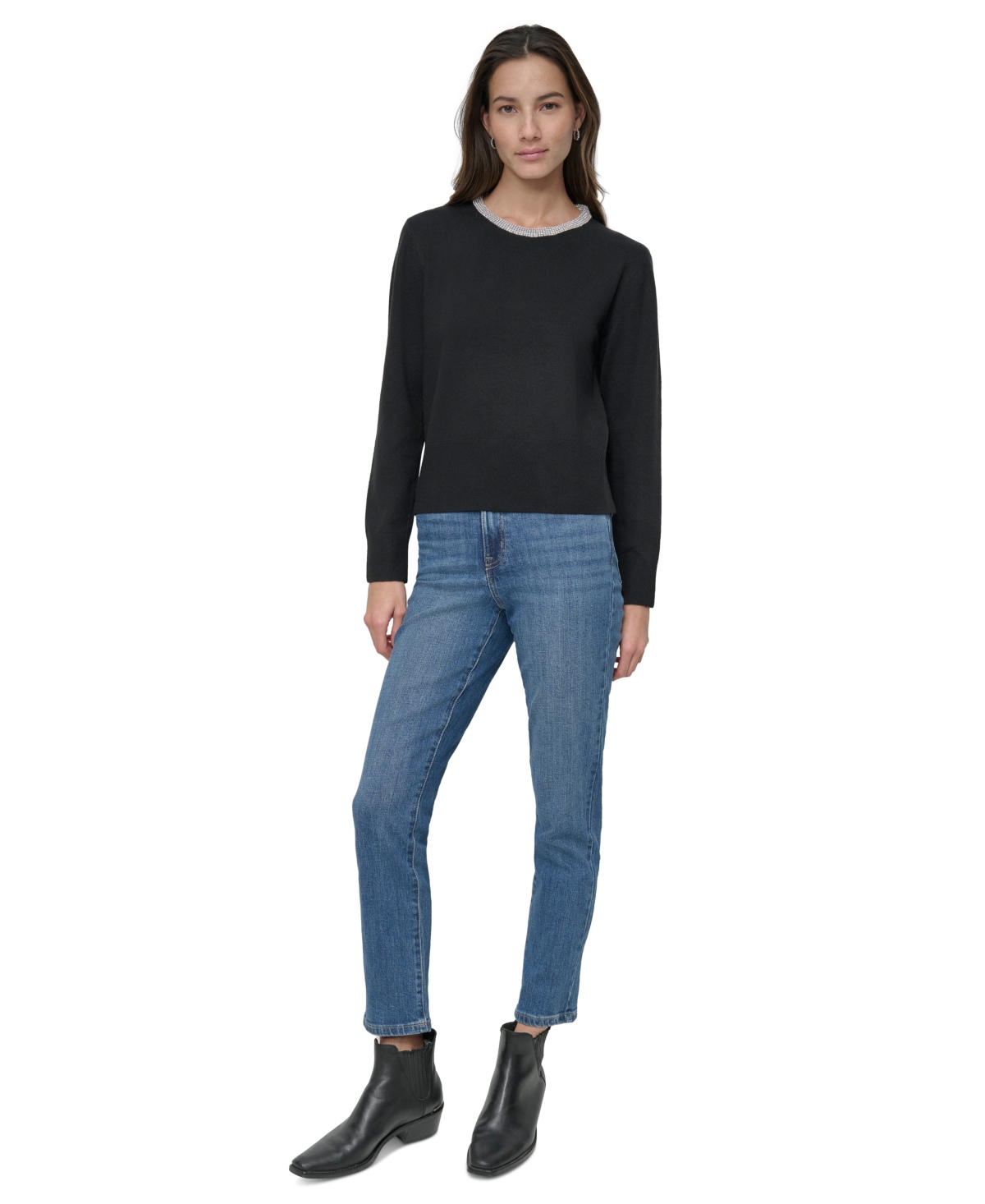 Dkny Jeans Women's Rhinestone Collar Crewneck Sweater - BLK - BLACK