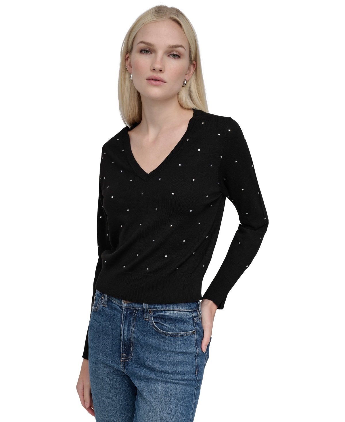 DKNY JEANS WOMEN'S STUDDED V-NECK SWEATER 
