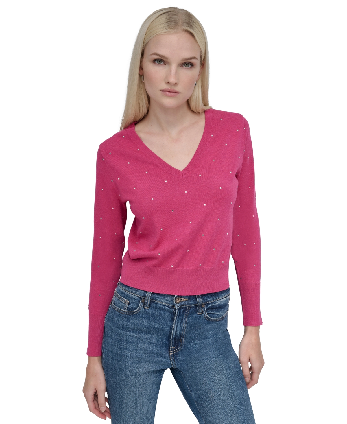DKNY JEANS WOMEN'S STUDDED V-NECK SWEATER 