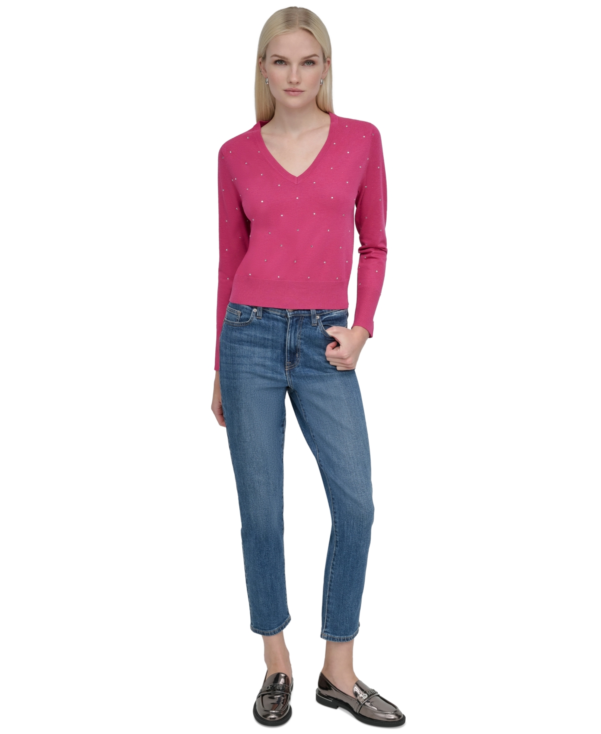 DKNY JEANS WOMEN'S STUDDED V-NECK SWEATER 