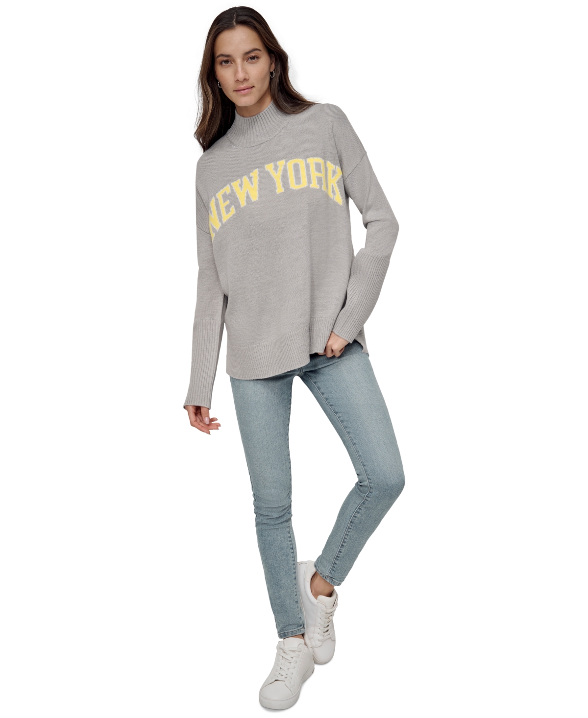Dkny Jeans Women's New York Intarsia-Knit Mock Neck Sweater - J1G - PRL GRY HR/ACD YLW