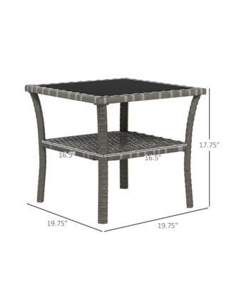 Rattan Side Table, Outdoor End Table with Storage Shelf, Aluminum Frame Square, Coffee Table with Tempered Glass Top, Mixed Gray