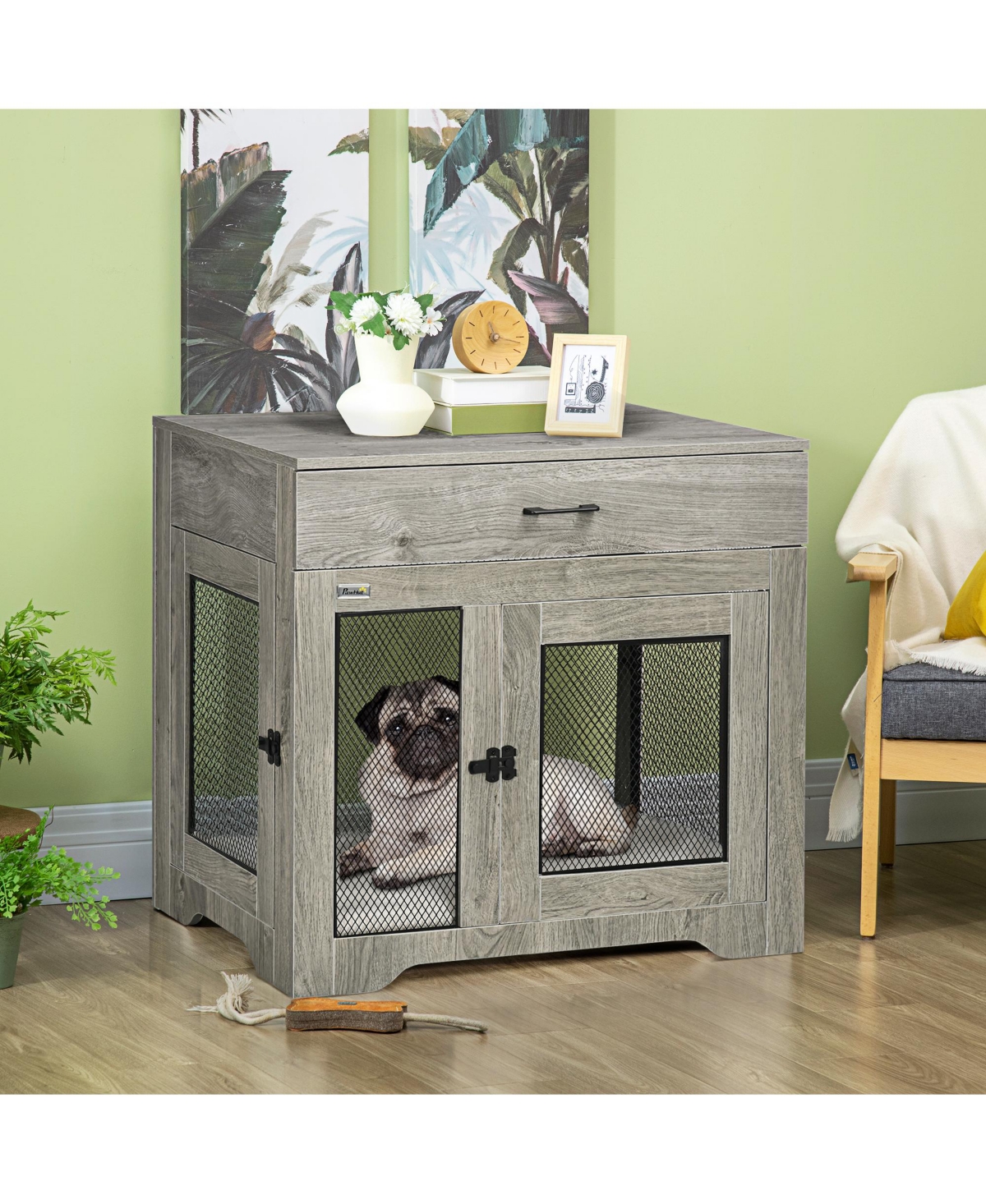 Streamdale Furniture Dog Crate Furniture with Soft Water-Resistant Cushion, Dog Crate End Table with Drawer, Puppy Crate for Small Dogs Indoor with 2