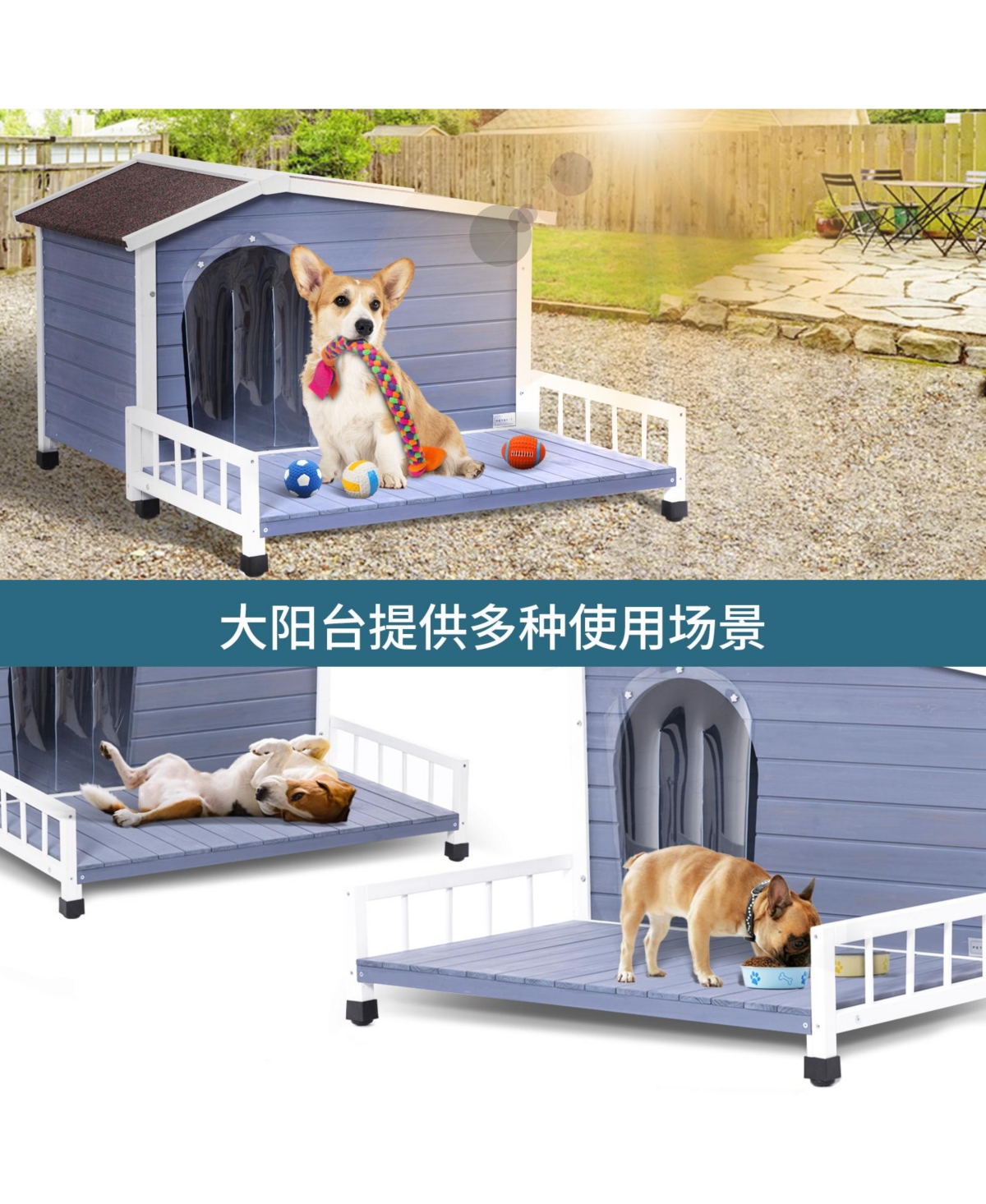 Streamdale Furniture Large Wooden Dog House Indoor Outdoor with Terrace and Open Waterproof Asphalt Roof, Outdoor Dog House with Raised Floor, Windows
