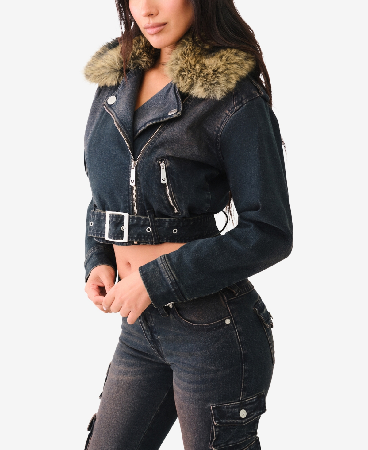 True Religion Women's Denim Moto Jacket with Fur