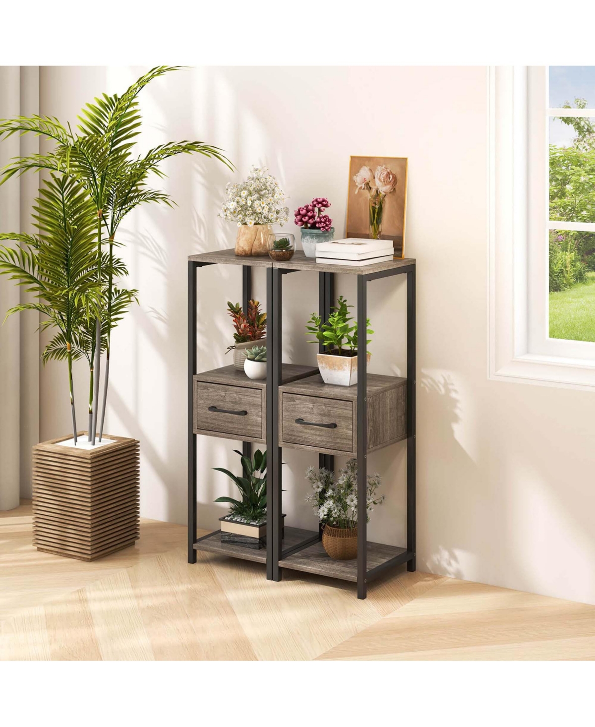 Costway 1 Pack 3 Tier Tall Metal Plant Stand Indoor Plant Table with Drawer Anti-tipping Devices