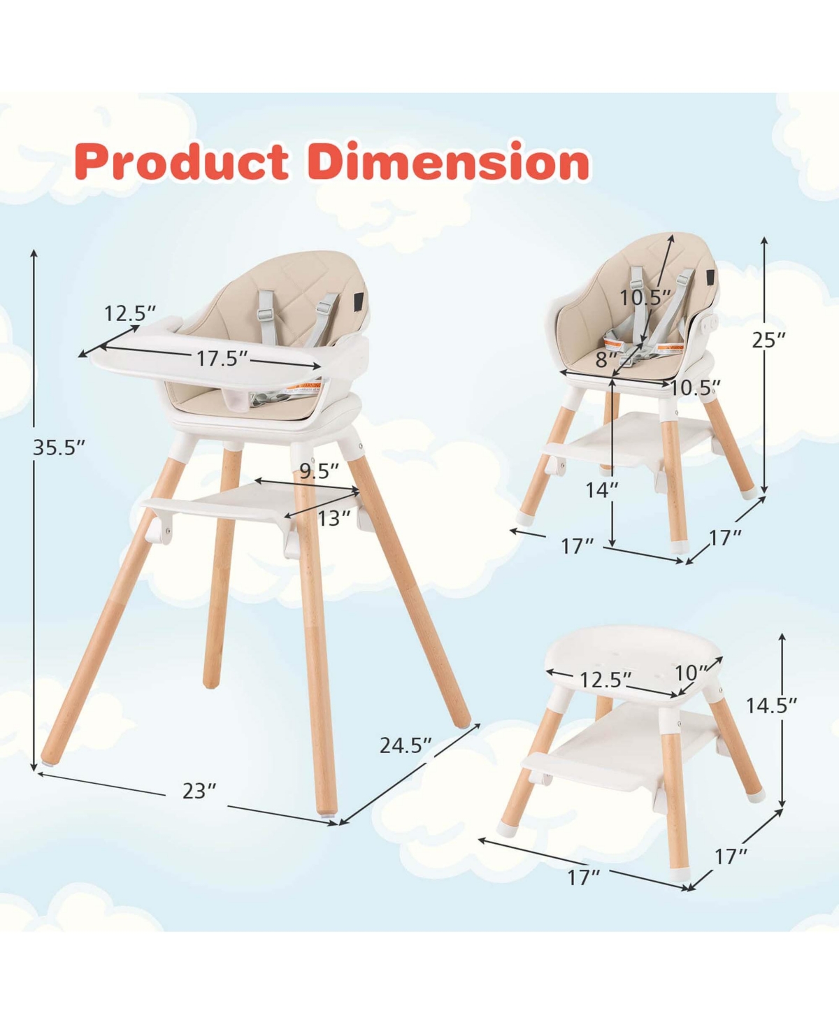 Costway Toddler 6-in-1 Convertible Wooden Highchair Feeding Chair w/ Removable Tray