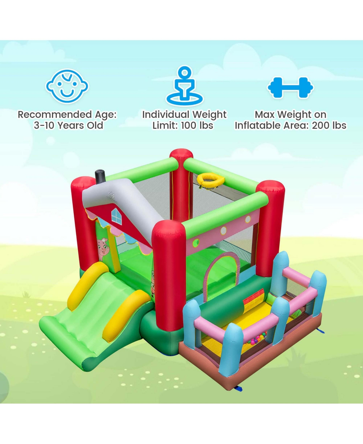 Costway 4-in-1 Farm Themed Inflatable Bounce House with Slide Ball Pit & Basketball Hoop